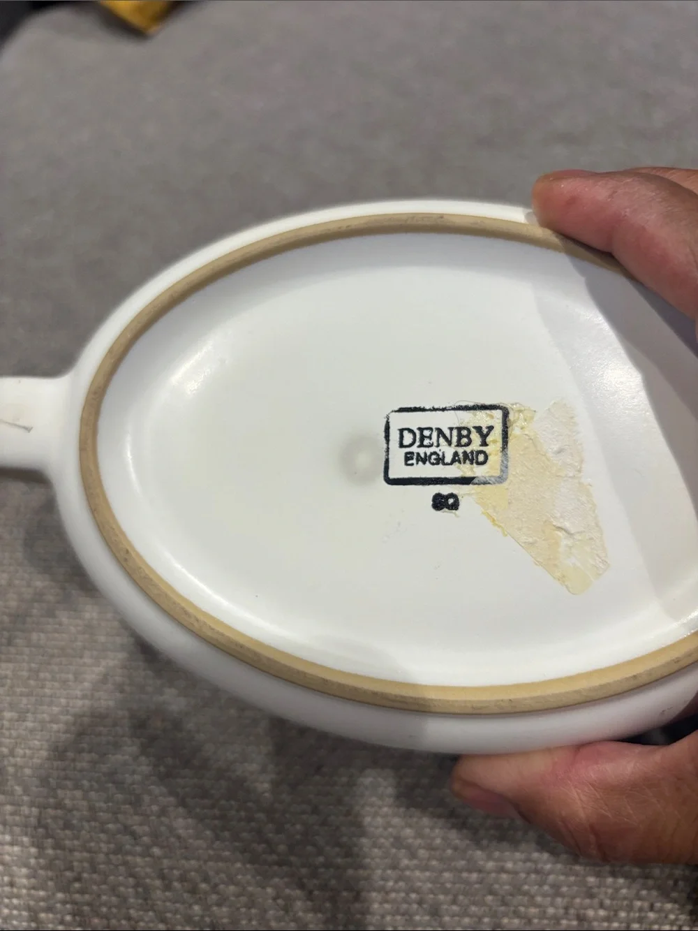 Denby England White Ceramic creamer with Black Interior and Gold Trim